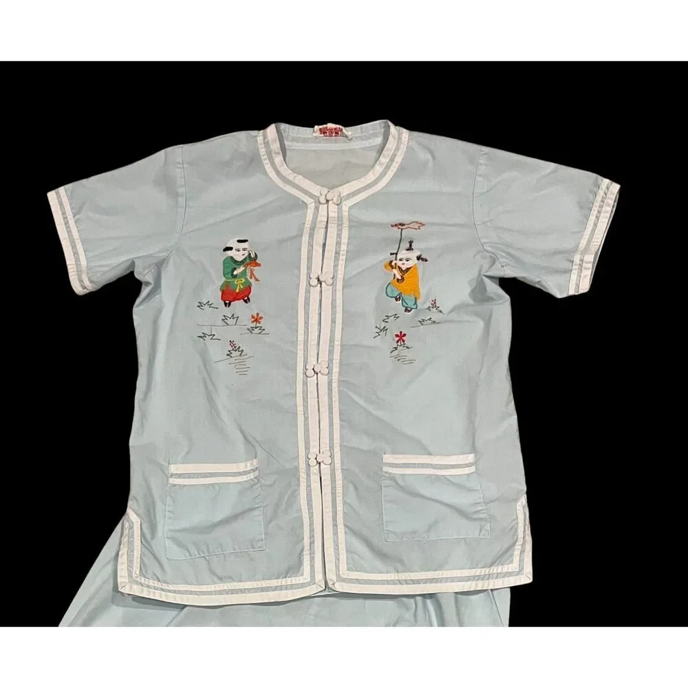 Vintage Plum Blossom 1960's Boys Oriental Pajama's Outfit Size 14 Blue